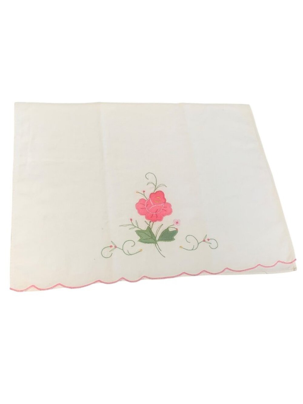 Vintage Floral Embroidered Applique Hand Towel Pink Scalloped Edge